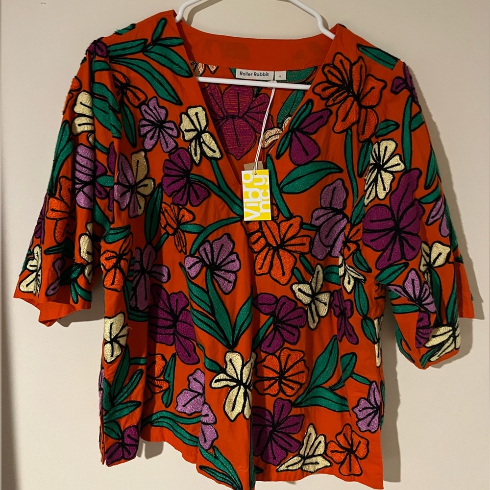 Roller Rabbit hand embroidered top size Medium - one of a kind - made in India